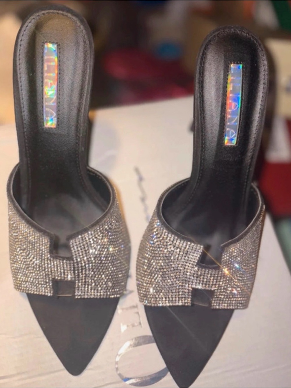 Crystal-Embellished Black Pointed Toe Mule